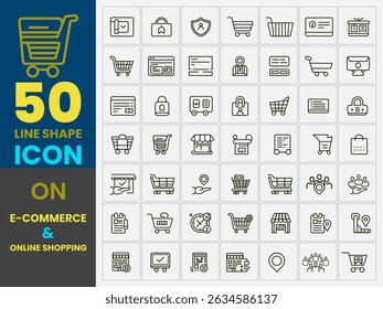 Conjunto de ícones realistas de comércio eletrônico e compras online. Comércio eletrônico e compras on-line ícone relacionado definido no varejo, venda, moeda, cliente, gráfico, ícone de carrinho, loja, compras on-line vetor linha Ícone