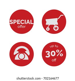 e commerce online shopping red buttons. Trolley/ shopping cart graphic for buy or purchase, telephone/ call information and special offer and discount label.