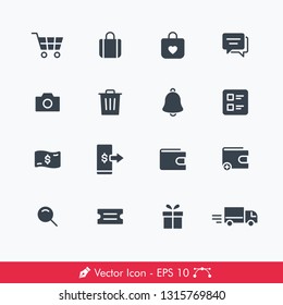 E Commerce Online Shopping Related Icons / Vectors Set | Contains Such Cart, Shopping Bag, Wish list, Chat, Scan, Camera, Notification, Shipment, Delivery, Coupon, Gift, Pay, Wallet, Money, Feed