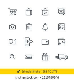 E Commerce Online Shopping Related Icons / Vectors Set - In Line / Stroke Design | Contains Such Cart, Shopping Bag, Wish list, Chat, Scan, Camera, Notification, Shipment, Delivery, Coupon, Gift, Pay