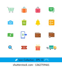 E Commerce Online Shopping Related Icons / Vectors Set - In Color Design | Contains Such Cart, Shopping Bag, Wish list, Chat, Scan, Camera, Notification, Trash, Shipment, Delivery, Coupon, Gift, Pay