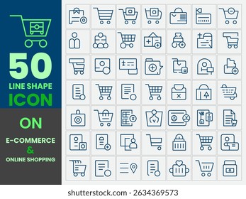 Conjunto de ícones de vetor de comércio eletrônico e compras online. Ícone relacionado ao comércio eletrônico e compras on-line definido no varejo, venda, moeda, cliente, compra, cupom, loja, compras on-line, mercadoria. Ícone de Vetor