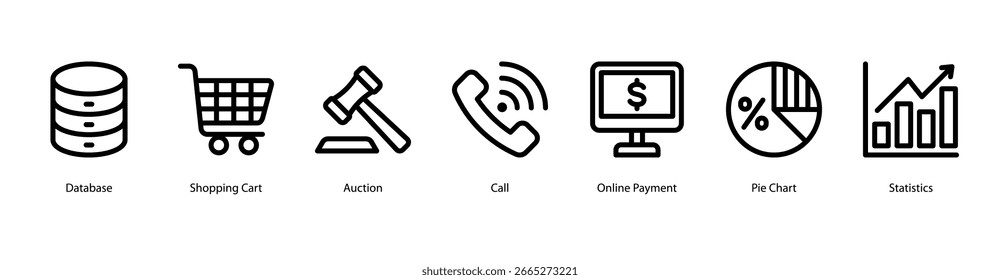 Ilustración vectorial de iconos de Anuncio de Web de operaciones de comercio electrónico con base de datos, Carrito de compras, subasta, llamada, pago en línea, gráfico circular y estadísticas para sistemas minoristas.
