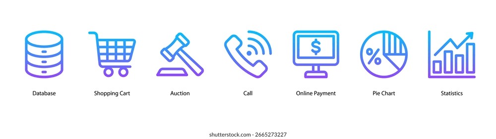 E Commerce Operations Web-Banner-Symbol, Vektorgrafik mit Datenbank, Warenkorb, Auktion, Anruf, Online-Zahlung, Tortendiagramm und Statistiken für Einzelhandelssysteme.