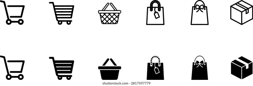 E commerce outline icons featuring retail cart basket bag and delivery parcel box styles for digital interface projects on transparent