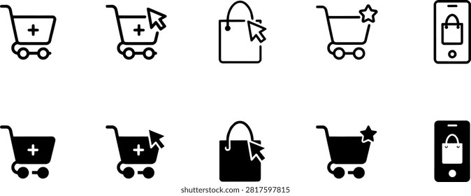 E commerce outline and solid icons depicting shopping carts bags and digital checkout actions presented in a clean style on transparent