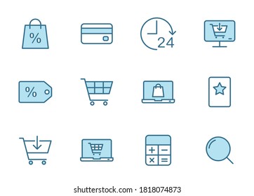 e commerce outline vector icons in two colors isolated on white. e commerce blue icon set for web and ui design, mobile apps and print products