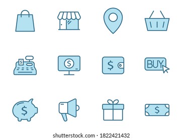iconos de los vectores de esquema de comercio electrónico en dos colores aislados en blanco. conjunto de iconos azules de comercio electrónico para diseño web y ui, aplicaciones móviles y productos de impresión