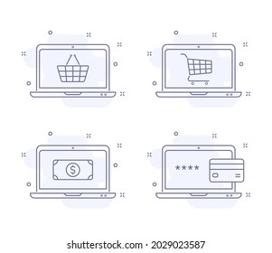 e commerce outline vector illustrations isolated on white. e commerce purple line icons with light pink background and decorations. laptop, shopping cart, card, dollar