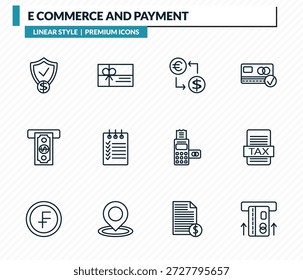 e-commerce e ícones de pagamento definir - escudo de garantia, cartão de presente, taxa de câmbio, imposto, inserir coleção de vetor de contorno de cartão.