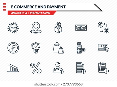 e commerce and payment icons set - new, map pointer, swiss franc, broker, waiting list outline vector collection.