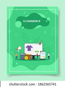 e commerce people standing sitting around computer wallet for template of banners, flyer, books cover, magazines with liquid shape style
