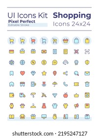 E commerce pixel perfect RGB color ui icons set. Retail shop. Purchasing experience. GUI, UX design for mobile app. Vector isolated pictograms. Editable stroke. Montserrat Bold, Light fonts used