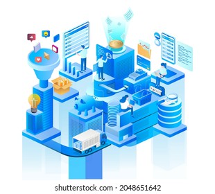 E Commerce process steps in isometric illustration