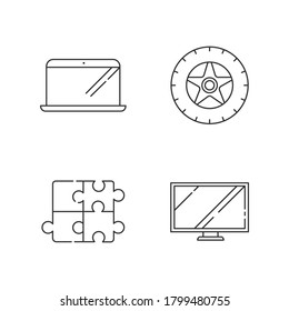 Conjunto de iconos lineales de productos de comercio electrónico. Dispositivos electrónicos. Neumático de automóvil. Neumático del coche. Juguete de rompecabezas. Símbolos de contorno de línea delgada personalizables. Ilustraciones aisladas del contorno vectorial. Trazo editable