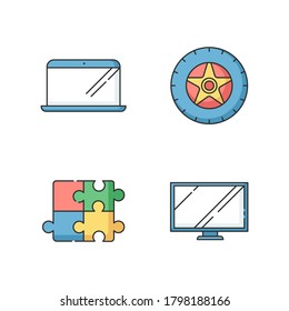 E commerce products RGB color icons set. Electronic devices. Automobile tyre. Car tire. Wheel with disk. Monitor for TV. PC digital screen. Laptop and notebook. Isolated vector illustrations
