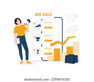 E commerce, purchase, shopping, online store, discount, product review. Happy young fashionable woman carrying shopping bags holding mobile smart phone concept illustration