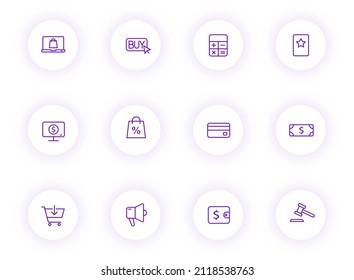 E Commerce Purple Color Outline Vector Icons On Light Round Buttons With Purple Shadow. E Commerce Icon Set For Web, Mobile Apps, Ui Design And Print