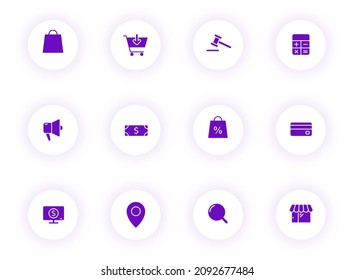 e commerce purple color vector icons on light round buttons with purple shadow. e commerce icon set for web, mobile apps, ui design and print