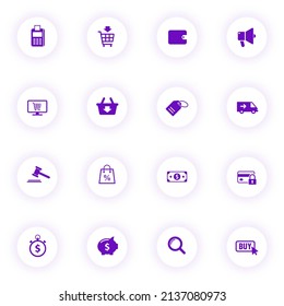 e commerce purple color vector icons on light round buttons with purple shadow. e commerce icon set for web, mobile apps, ui design and print