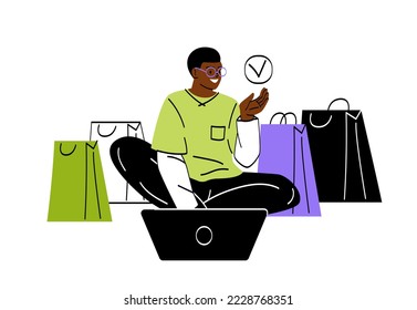 E commerce and sale concept. Young smiling man with laptop orders clothes in fashionable online store or remote boutique. Shopaholic or buyer. Cartoon flat vector illustration in doodle style