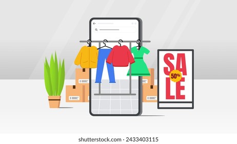 E Commerce sale vector illustration. E Commerce mobile app with clothes hanging and white gray background.