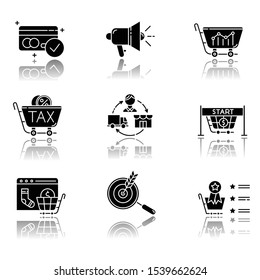 E commerce seller drop shadow black glyph icons set. Online shopping. Internet trading. Marketing research. Internet store business. Product promotion and sales increase. Isolated vector illustrations