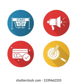E commerce seller flat design long shadow glyph icons set. Marketing campaign plan. Start selling, promotional tools, accept payments, choose niche. Vector silhouette illustration