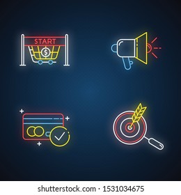 E commerce seller neon light icons set. Product promotion, customer attraction. Start selling, promotional tools, accept payments, choose niche. Glowing signs. Vector isolated illustrations