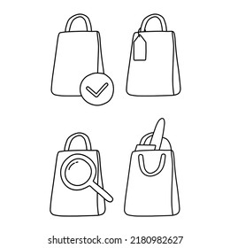Compra de bolsas de comercio electrónico icono de línea delgada al estilo de las caricaturas.