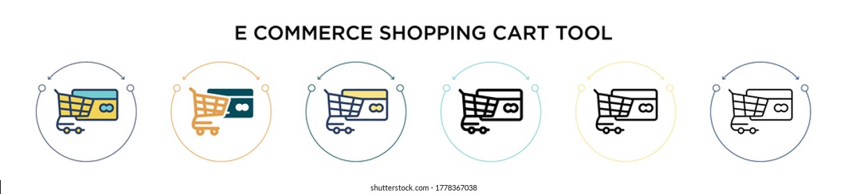 E commerce shopping cart tool icon in filled, thin line, outline and stroke style. Vector illustration of two colored and black e commerce shopping cart tool vector icons designs can be used for 