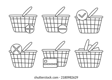 E commerce shopping carts thin line icons in cartoon style.