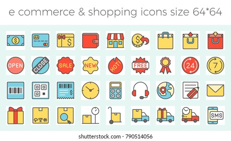 E commerce, shopping and delivery icons set for online business in website and apps size  64 pix build with grid, such as call center, delivery, sales, promotions, return money policy, working hours