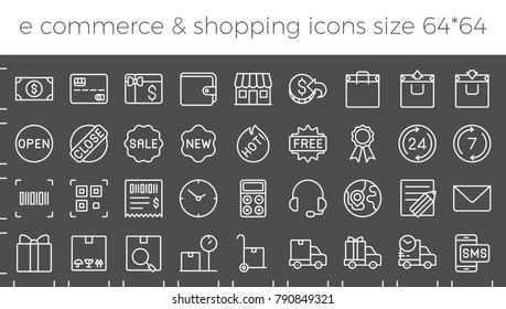 E commerce, shopping and delivery icons set for online business in website and apps size  64 pix build with grid, such as call center, delivery, sales, promotions, return money policy, working hours