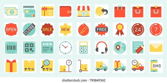 E commerce, shopping and delivery icons set for online business in website and apps size  64 pix build with grid, such as call center, delivery, sales, promotions, return money policy, working hours