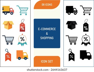 E commerce and Shopping Icon Set  Shopping Cart, Discount Tag, Online Store, Payment, Delivery Truck, Vector illustration