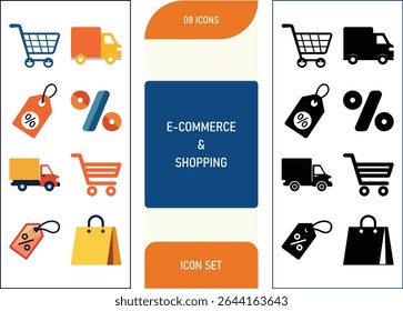 Comercio electrónico y compras Icon Set Carrito de compras, etiqueta de descuento, tienda en línea, pago, camión de entrega, Ilustración vectorial