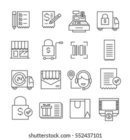 e commerce and shopping icons outline on white background