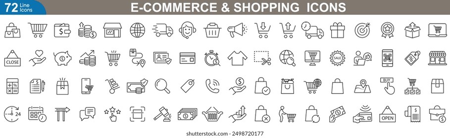 E commerce and shopping icons set vector illustration. Shopping, retail, cart, checkout, payment, delivery, sale and marketplace.