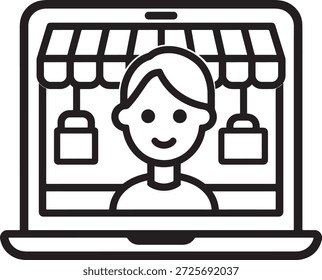 E commerce store owner concept happy user avatar on laptop screen with storefront and locked shopping bags outline icon