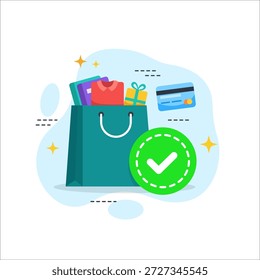 Ilustración vectorial de diseño plano de confirmación de compra exitosa de comercio electrónico para pantallas y aplicaciones de interfaz de usuario de estado vacías