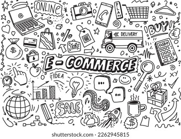 E commerce vector doodles, hand drawn elements on white background