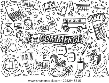 E commerce vector doodles, hand drawn elements on white background