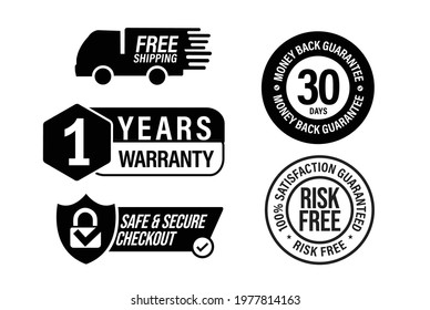 e commerce vector icon set including  free shipping  1 year warranty  safe   secure checkout  risk free  100% satisfaction guarantee  30 days money back guarantee