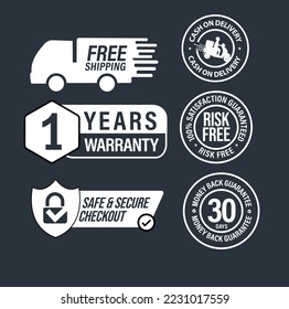 e commerce vector icon set including ,free shipping, 1 year warranty, risk free, 30 days money back guarantee, cash on delivery etc