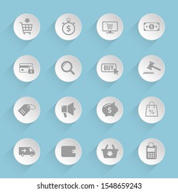 E commerce vector icons on round puffy paper circles with transparent shadows on blue background. Stock vector icons for web, mobile and user interface design