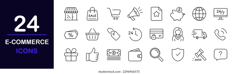 E - Commerce web icons set. E - Commerce - simple thin line icons collection. Containing shopping cart, support, credit card, discount, search, market, shop, delivery and more. Simple web icons set