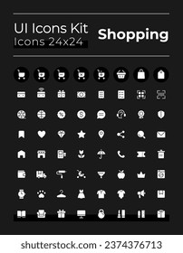 E commerce white glyph ui icons set for dark mode. Shopping. Silhouette symbols on black background. Solid pictograms for web, mobile. Vector isolated illustrations. Montserrat Bold, Light fonts used