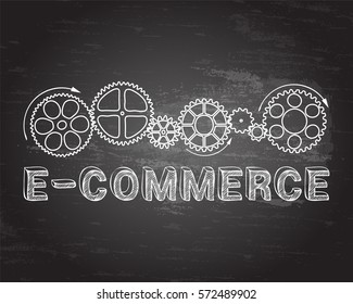 E Commerce word with gear wheels on blackboard background illustration
