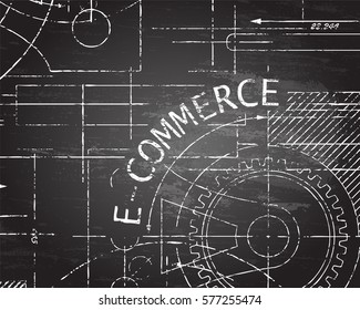 E Commerce word with gear wheels on machine blackboard background illustration